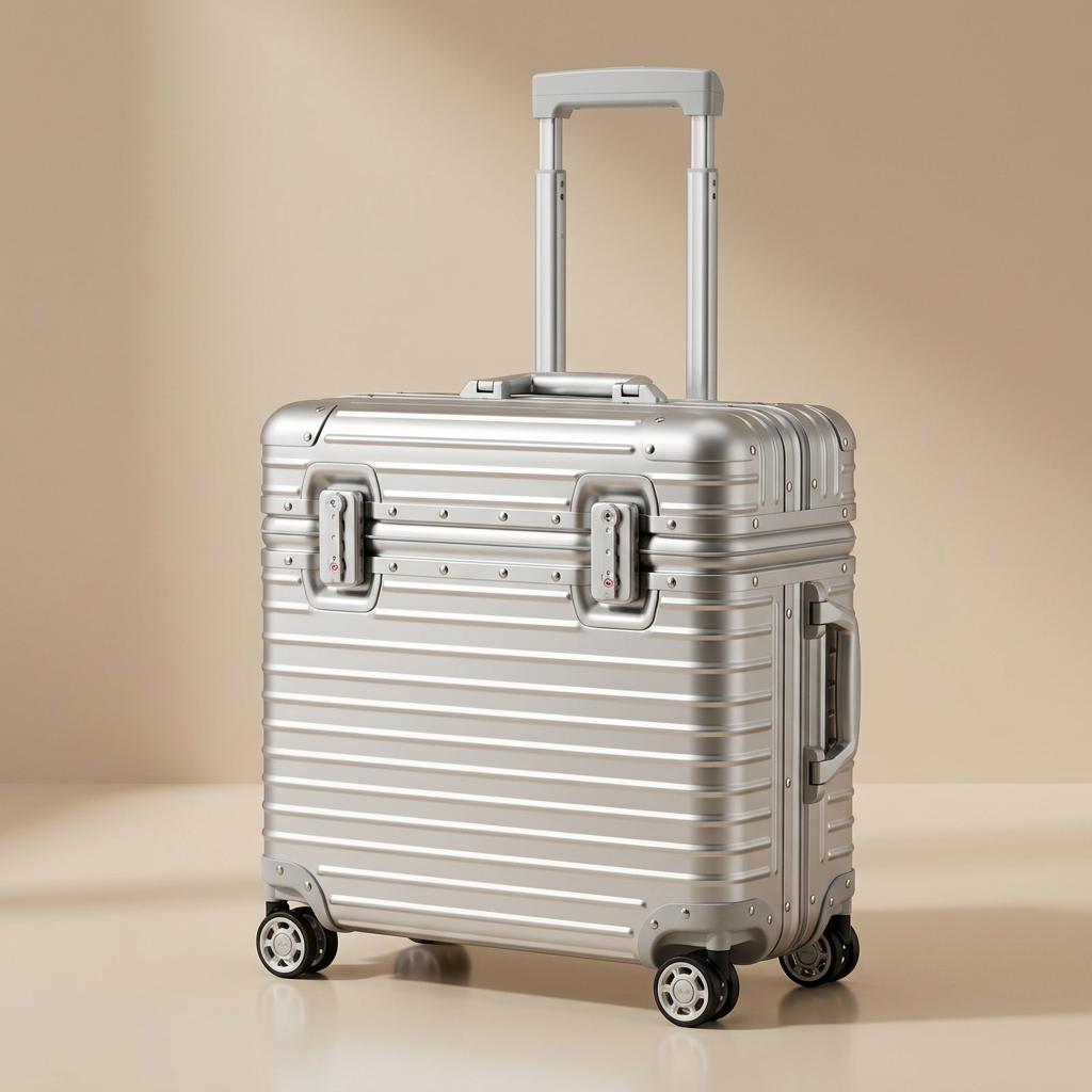 Silver suitcase at an angle with extended handle, side carry handle, twin locks and four wheels on a beige backdrop 12