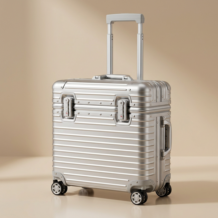 Silver suitcase at an angle with extended handle, side carry handle, twin locks and four wheels on a beige backdrop 12