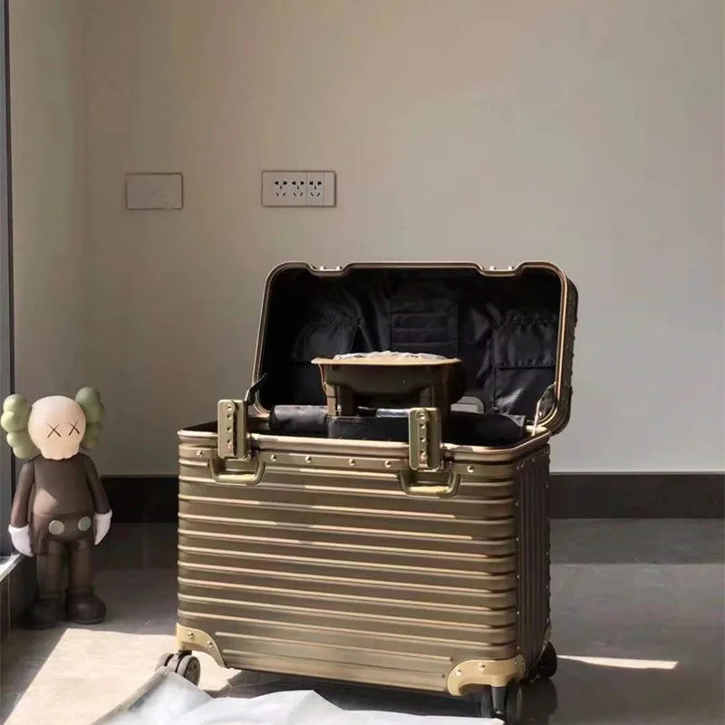 Gold suitcase with its lid open, showing a black fabric interior with pockets and some items inside 9