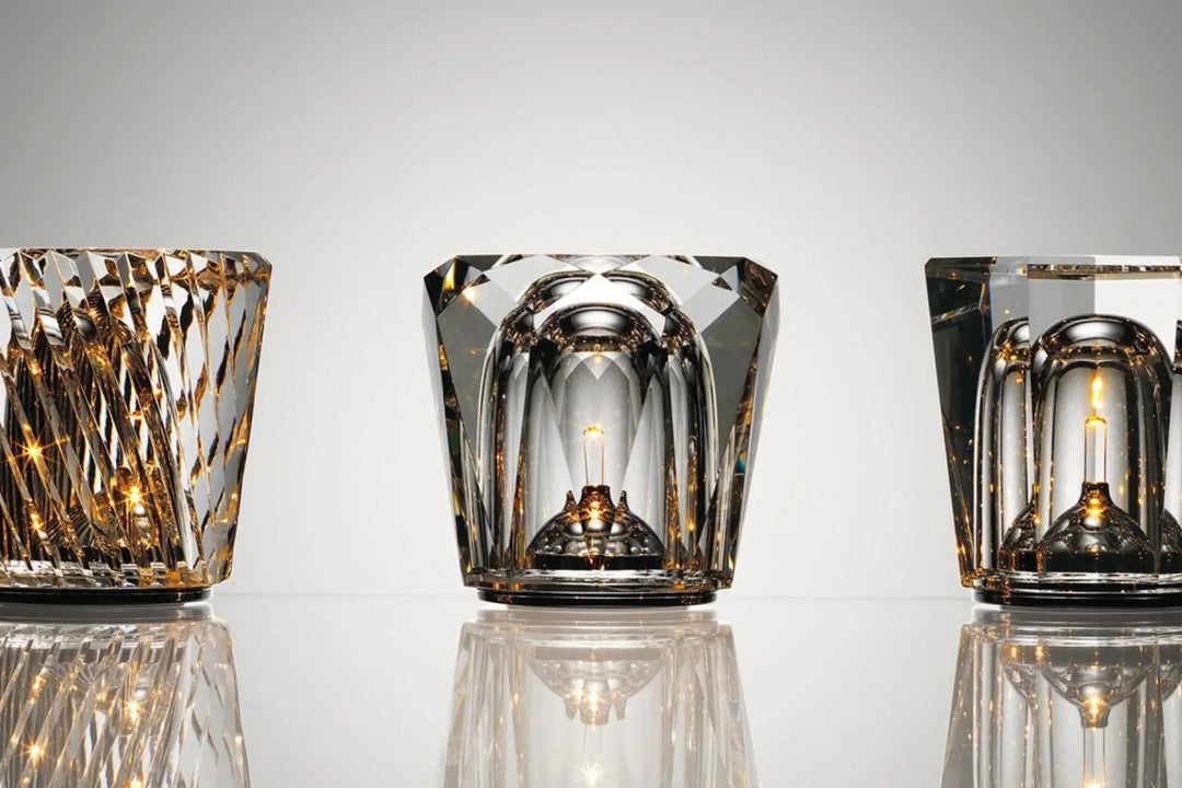 Gold transparent crystal table lamp, another view, showing three styles side by side.