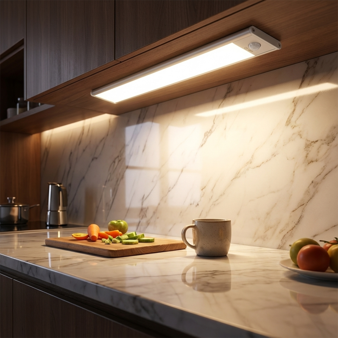 Slim light bar glowing warm white under a wooden kitchen cabinet, lighting a marble backsplash, cutting board and mug. 1