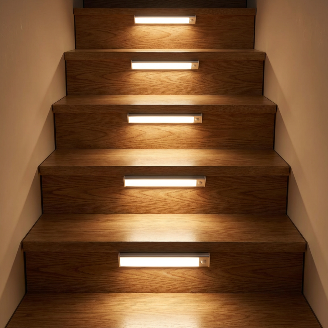 Five slim light bars mounted on the risers of a wooden staircase, each casting a warm glow onto the steps. 2