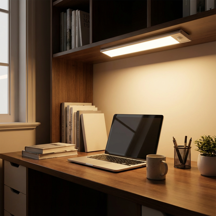 Light bar fixed under a bookshelf above a wooden desk, illuminating a laptop, books, a mug and a pen holder. 4