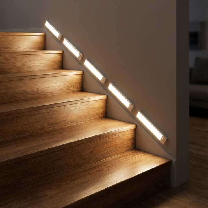Row of slim light bars mounted along a stairway wall, shining warm light down onto the wooden steps. 3