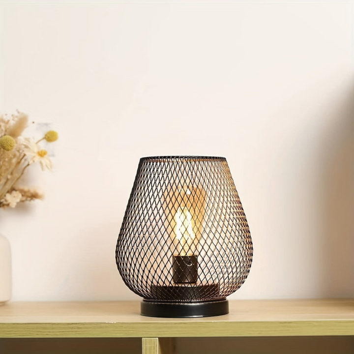 Single mesh lantern with a warm bulb on a light wooden shelf against a cream wall, beside dried flowers. 9