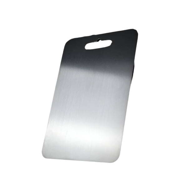 Titan Kitchen Cutting Board in silver brushed metal with rounded corners and an oval hanging cutout