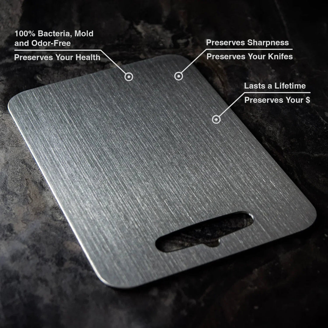 Titan Kitchen Cutting Board another view on a dark stone surface with a finger-hole handle