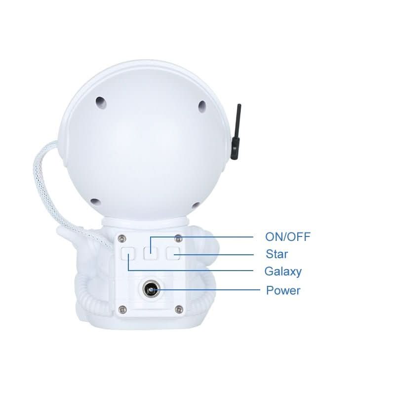 Back view of the white astronaut projector with callouts labeling the on/off, star and galaxy buttons and the power port.