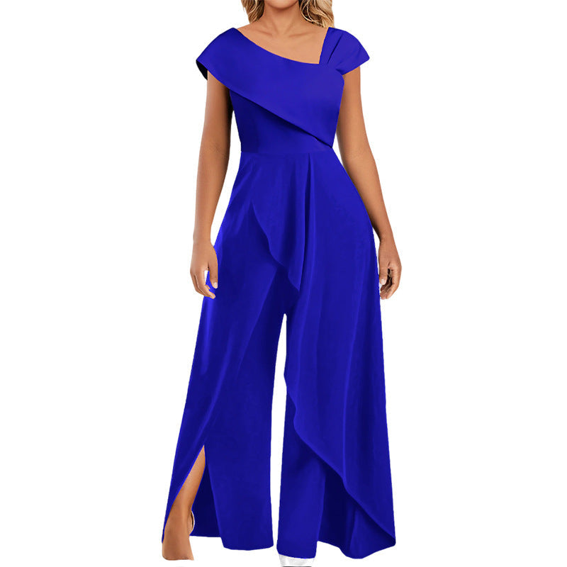 Asymmetrical women's jumpsuit with diagonal collar – Selina-Blue-S-Nora Luxe