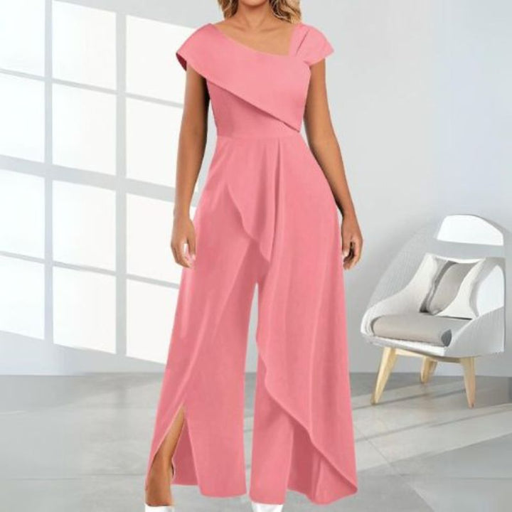 Asymmetrical women's jumpsuit with diagonal collar – Selina-Pink-S-Nora Luxe