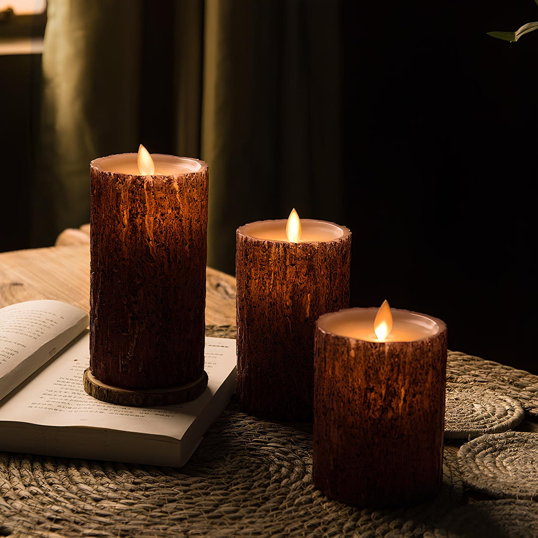 Atmospheric LED Candles - GlowFlicker-Wooden Large Candles - 3 Pieces-Nora Luxe