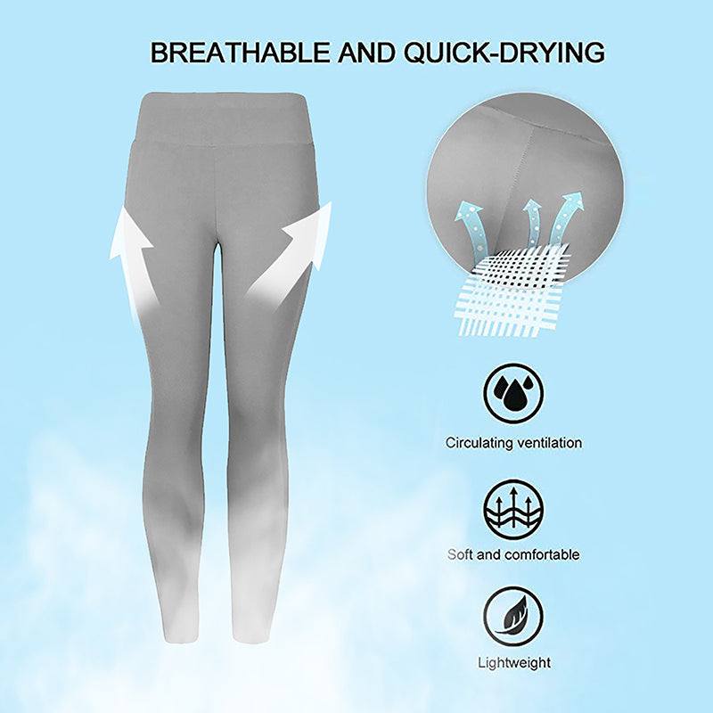 Graue atmungsaktive, schnell trocknende Leggings mit Belüftung und Komforteigenschaften.