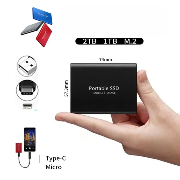 Portable SSD detail showing the black drive in hand with size labels and blue, gray and red versions.
