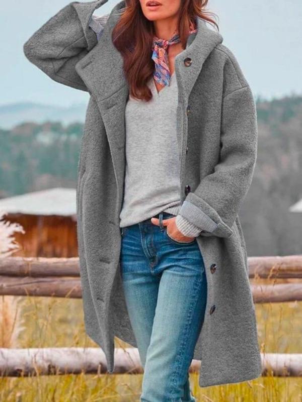Women's gray hooded coat open, shown in another view with jeans and a scarf.