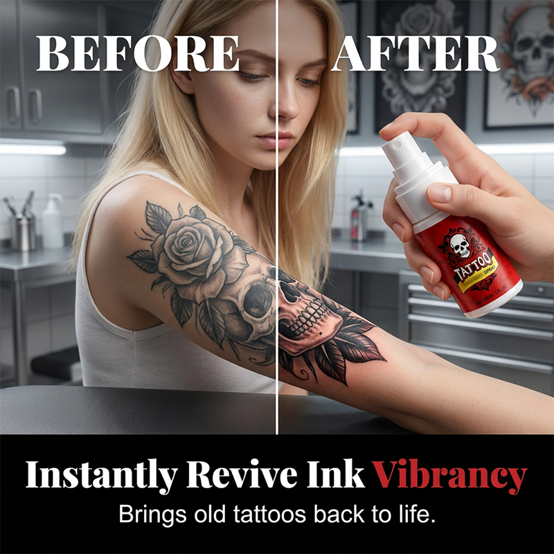 Tattoo Hydration Mist for Bold, Vibrant Ink Every Day shown in a before-and-after detail.