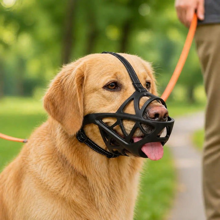Golden Labrador in profile wearing the black cage muzzle with forehead and neck straps on an orange leash in a park.