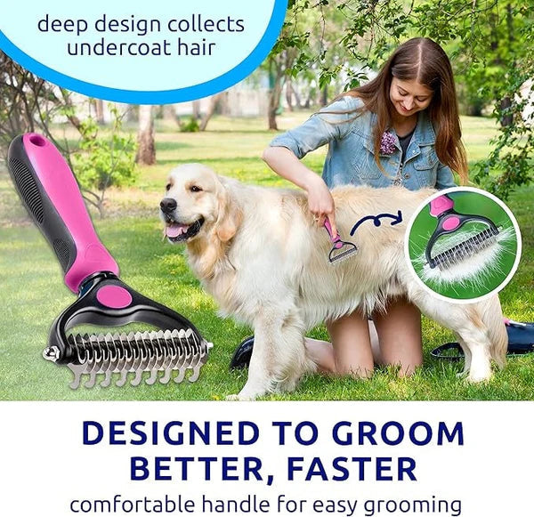 Woman brushing a golden retriever outdoors with a pink rake, with an inset of fur collected between the teeth 8