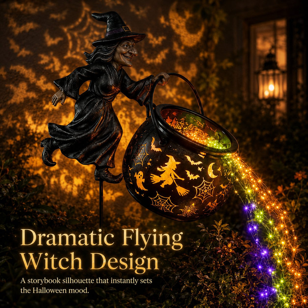 Close view of the dark witch figure tipping the cutout cauldron with colorful lights streaming out.
