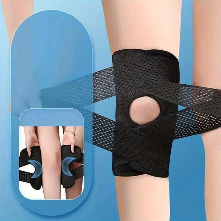 Black mesh knee wrap with crossed straps on a leg, plus an inset showing the inner side padding and open front. 2