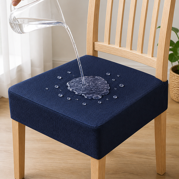 Navy blue seat cover with water beading on the surface to show waterproofing.
