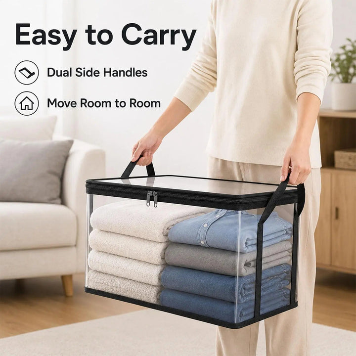 Clear storage bag detail with a person carrying it by the side handles, filled with folded towels and denim.