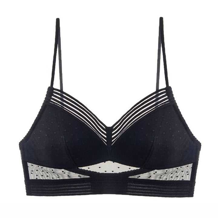 Second flat front view of the black bra, with dotted mesh insets and striped trim 10