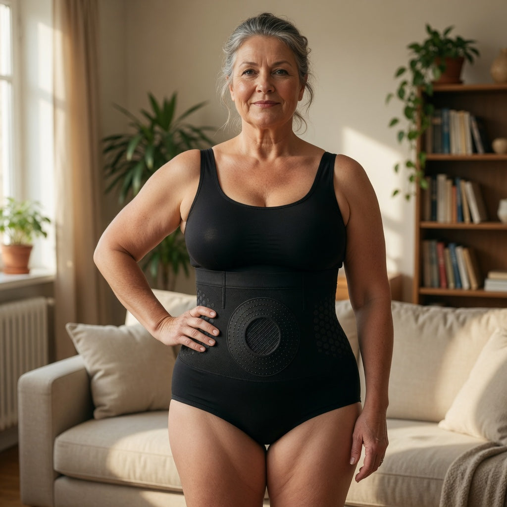 Woman wearing black high-waist shaping briefs with a black tank top.