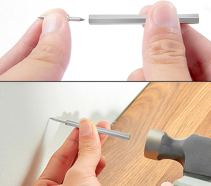 Detail of a nail fitted into the sleeve tool beside wood trim.