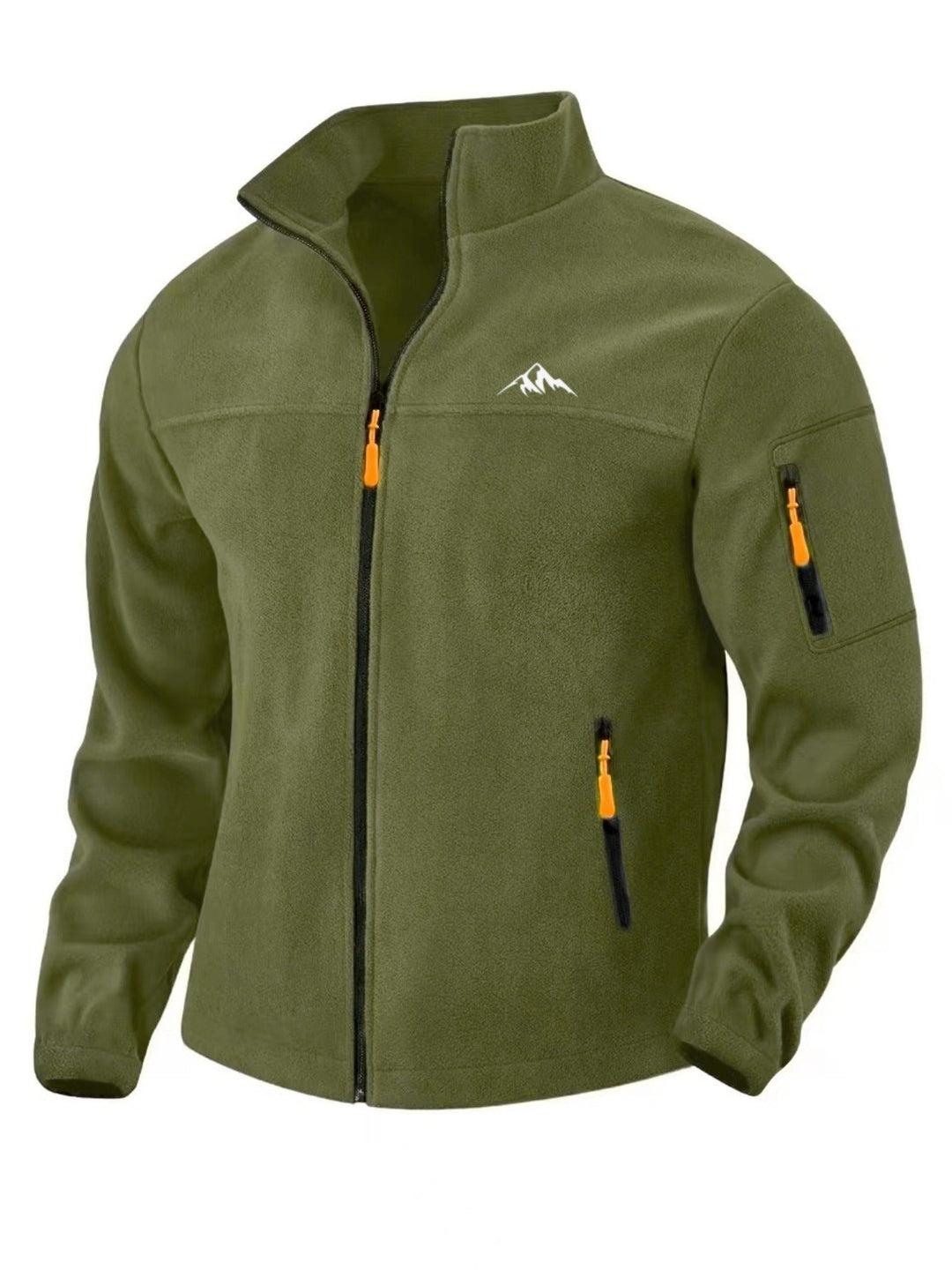 Front view of the olive green fleece jacket with orange zipper pulls and a zippered sleeve pocket 4