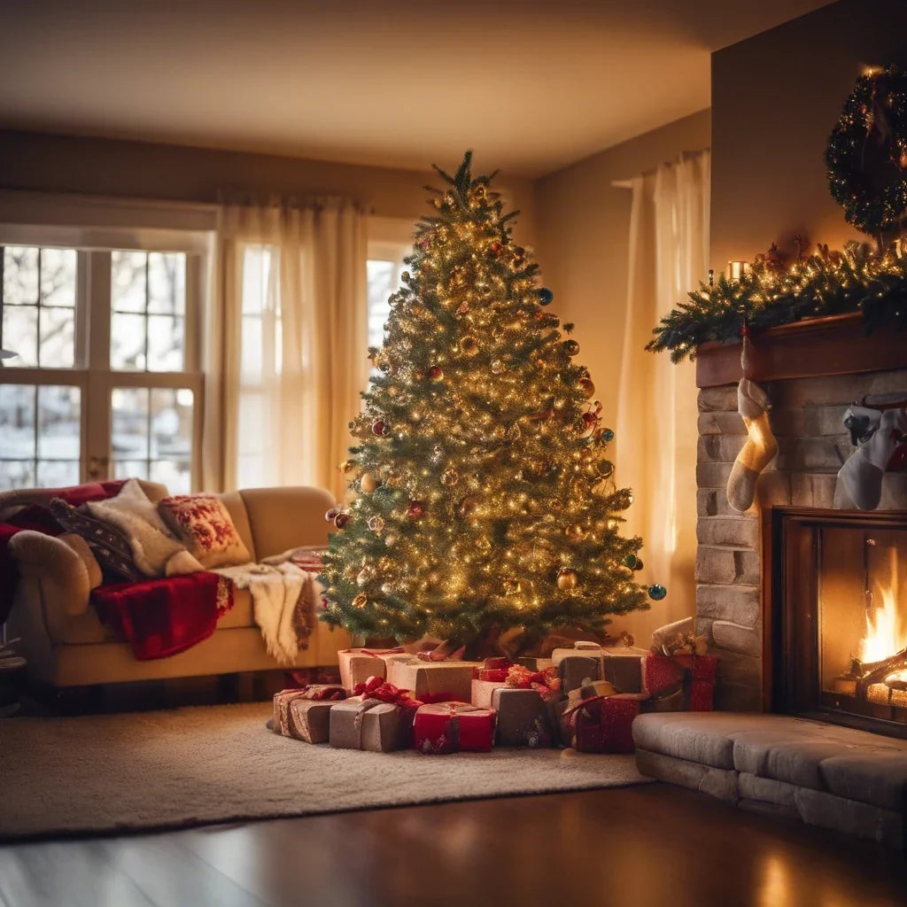 Warm-white Christmas tree string lights on a decorated tree in a cozy living room.