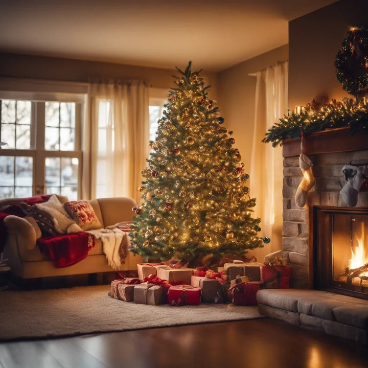Warm-white Christmas tree string lights on a decorated tree in a cozy living room.