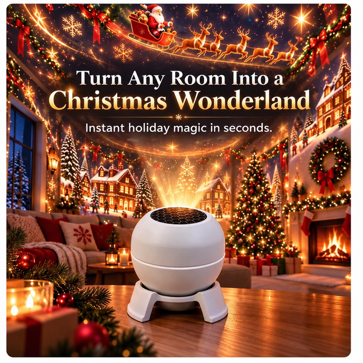 White ball-shaped projector on a wooden table with a festive village and sleigh scene covering the walls 2