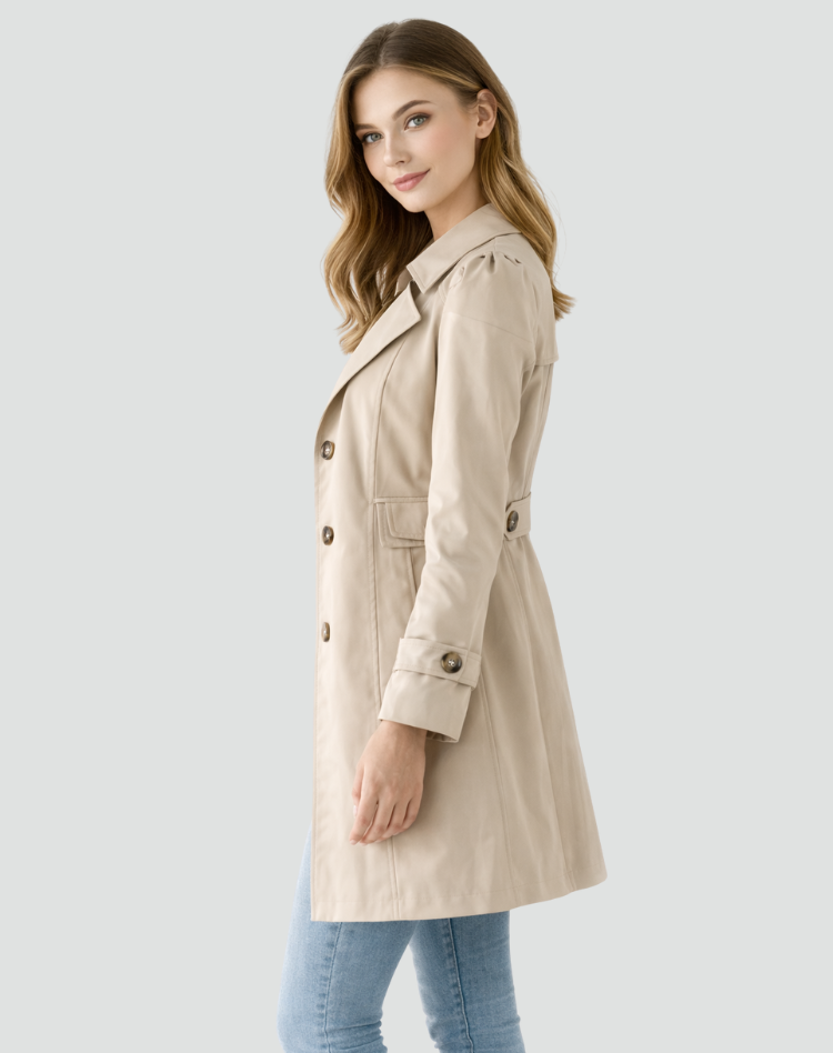 Side view of the beige trench coat showing the lapel, buttoned cuff tab, side pocket flap, and flared skirt.