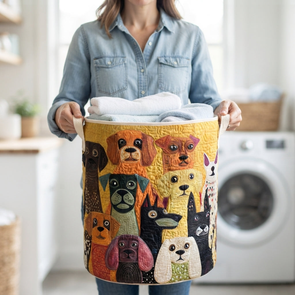 Quilted fabric laundry basket with canvas handles, another view held by a woman.