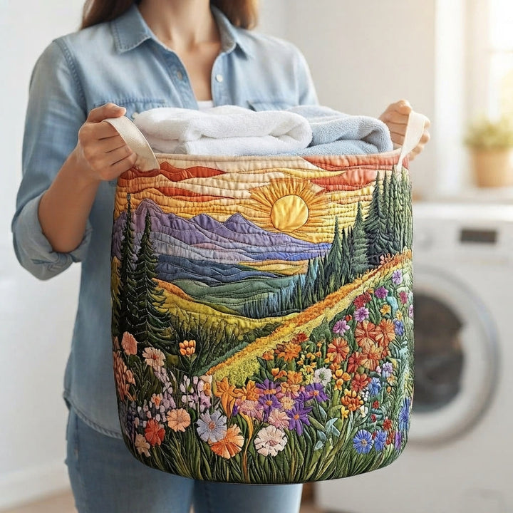 Woman in a denim shirt carries the basket by its two cream handles, filled with folded white and blue towels. 3