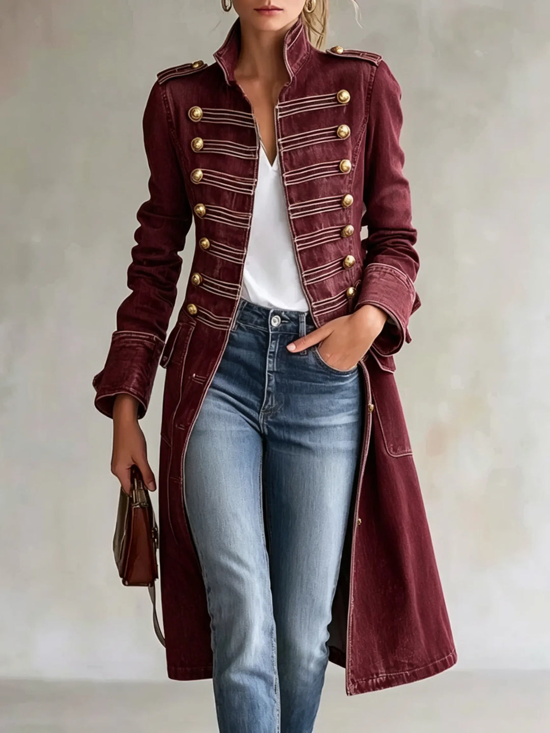 Burgundy version of the military coat with gold buttons, pale braided trim and epaulettes, worn with a white top and jeans. 10
