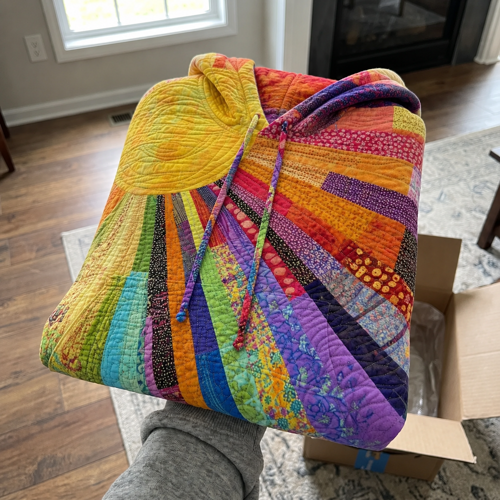 Bohemian multicolor patchwork hoodie for women folded indoors with a sunburst patchwork print
