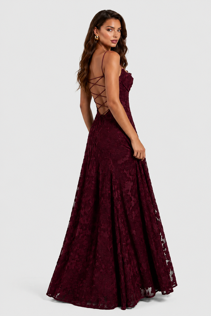 Burgundy floral lace dress with a criss-cross lace-up open back and flared skirt, another view.