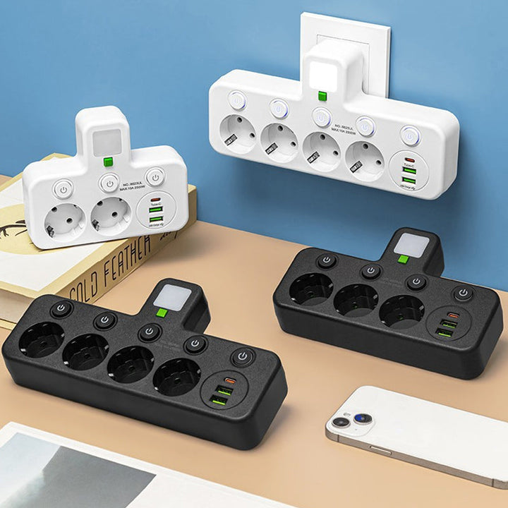 Four power strips shown together in white and black.