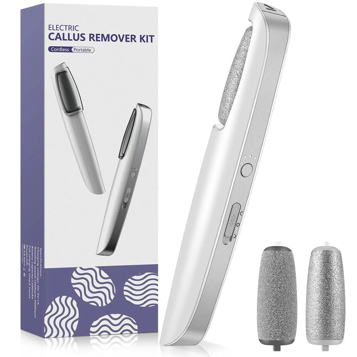 White cordless callus remover standing beside its purple retail box and two spare rollers 1