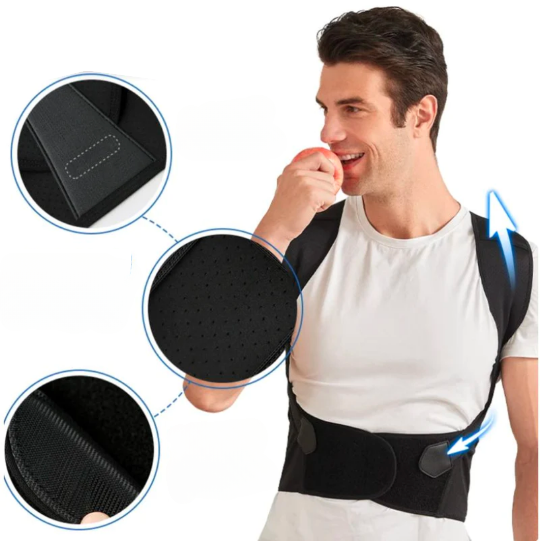 Man in a white t-shirt eating an apple while wearing the brace, with close-up circles of the perforated fabric and strap stitching. 4