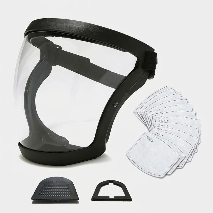 Black-framed shield with a stack of replacement filter pads and two small frame parts 5