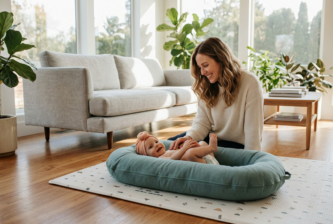Smiling woman sits beside a baby lying in a teal lounger on a play mat in a bright living room 1