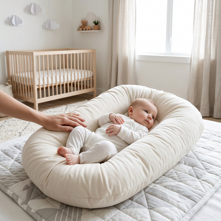 Baby in cream lounger on a quilted mat, a parent's hand resting nearby, crib in the background 1