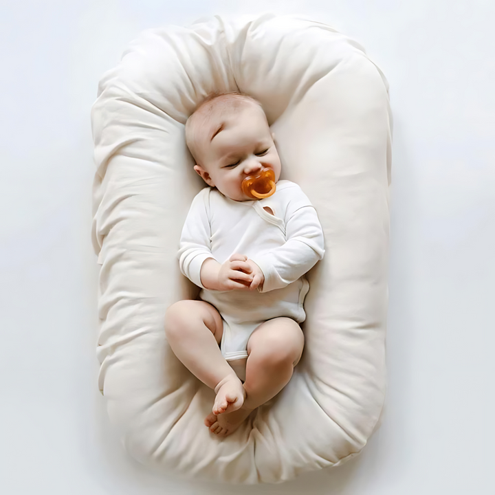 Sleeping baby with an amber pacifier in a white bodysuit on a cream lounger, top view 6