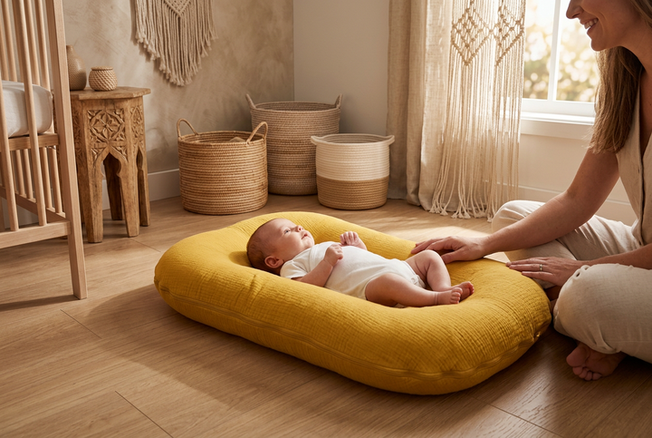 Baby lying in a mustard yellow crinkled cotton lounger on a nursery floor beside a smiling parent 1