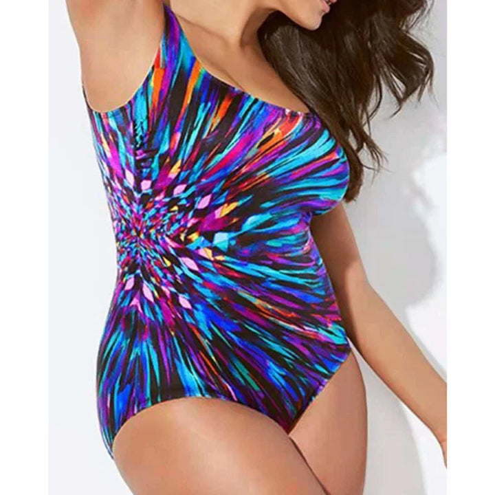 Farbintensiver Badeanzug Damen, Einteiler, abstraktes Muster, blau-lila, Sommermode.