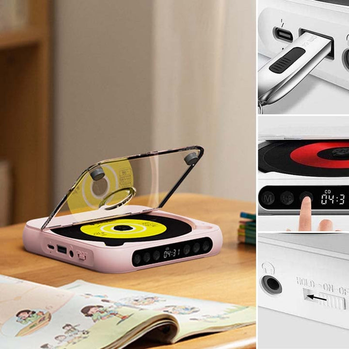 Pink player on a desk with an open book, plus close-ups of the USB drive, buttons and power slider 13