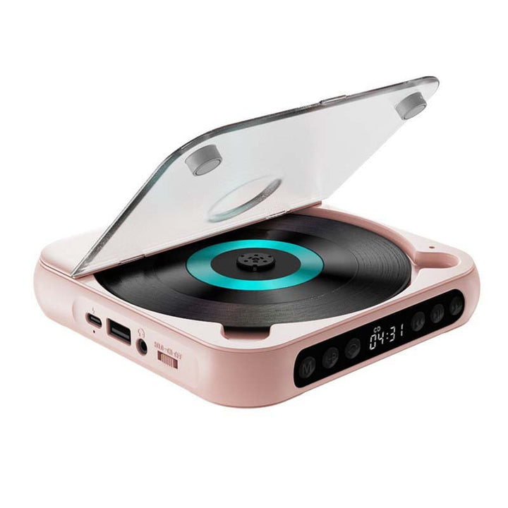 Pink player with lid open, showing a turquoise-ringed disc, side ports and front control buttons 14