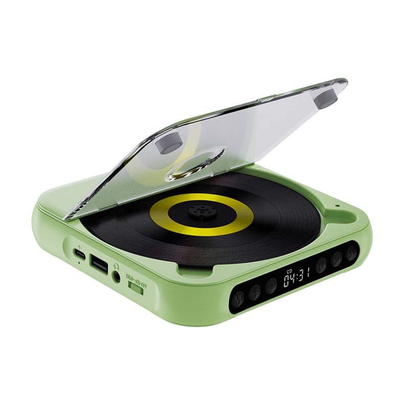 Green player with lid open, showing a yellow-ringed disc, side ports and front control buttons 15
